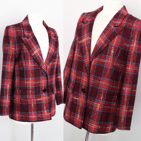 Halogen Nordstrom Avondale Tweed Plaid Wool Blend Blazer Jacket Coat S $149 Red - Picture 4 of 16